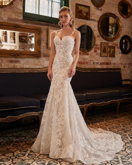 La22242 vintage lace wedding dress with lace straps and long train1